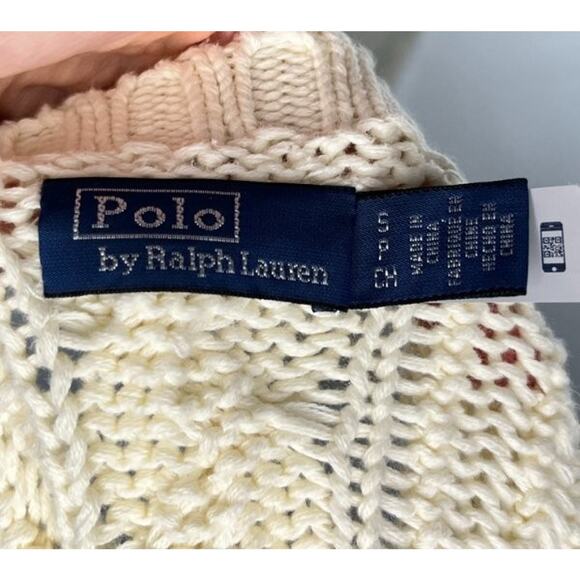 POLO RALPH LAUREN Sz S Small Ivory Cream Flag Aran Knit Pullover Sweater - Picture 3 of 9
